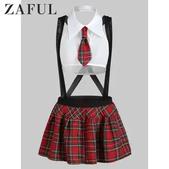 

ZAFUL Plaid Suspender School Girl Lingerie Costume Student Wear Role Play Two-Piece White Color Cosplay Christmas Hot Sale 2019