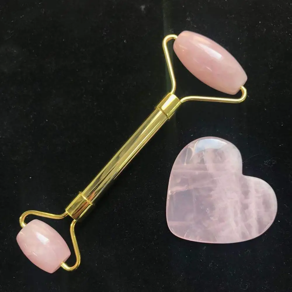 Натуральный розовый кварц ролик Gua Sha доска инструмент Кристалл кварц драгоценный камень массажный ролик для похудения против морщин для женщин ZJJ - Цвет: Roller Plus Board