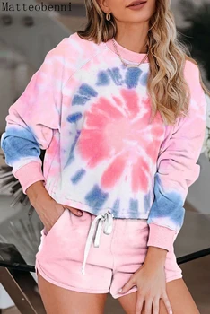 

Women Spring casual Tie-dye Two Piece Set Outfits Tracksuit Long Sleeve Tops and Shorts Suits Summer 2pcs Lounge Wear plus size