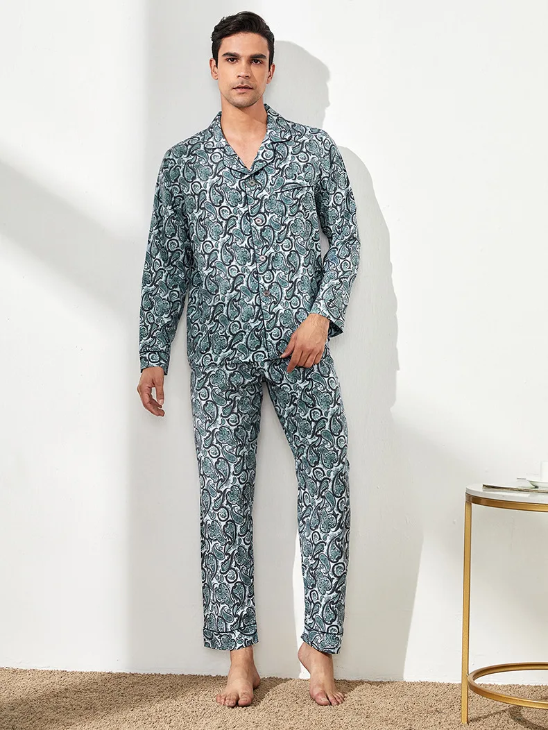 mens cotton pajama pants New Ice Silk Pajamas Men's Summer Long Sleeves And Trousers Cross Border Silk Home Clothes Large Suit Men's red silk pajamas