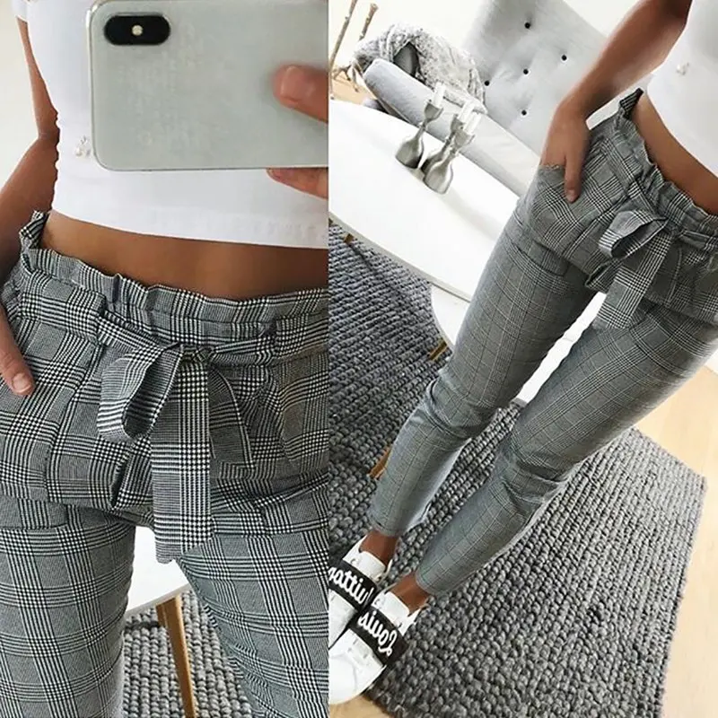 Plaid Pants Women Autumn Lattice Print Loose Elastic High Waist Tie Straight Casual Long Pants