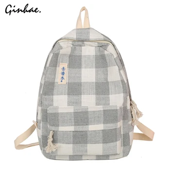 

Casual Canvas Plaid Backpack Women Letter Rucksack Anti Theft Travel Bags Students Preppy Style School Bags For Teenage Girls