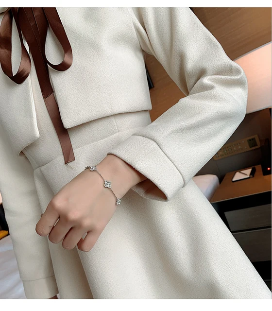 New 2021 Autumn Winter Women Woolen Solid A Line Dress Long Sleeve Lace up Bow Tie Peter Pan Collar Fake Two Piece Wool Dress 5