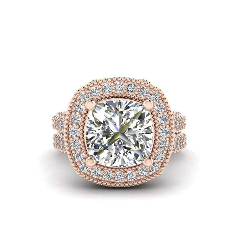 Luxury Ring Vintage White Crystal Rhinestone Ring Set For Women Accessories Anniversary Engagement Ring Jewelry Rose Gold-Color