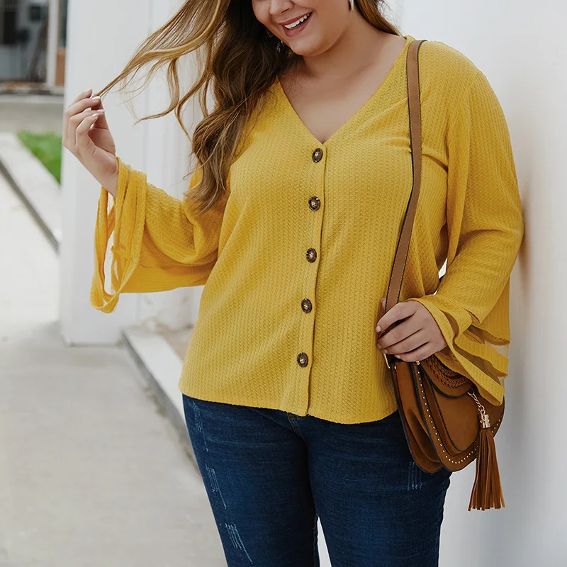 Цвет: желтый Autumn large size women's knit top T-shirt 4XL 5XL 6XL 7XL 8XL sexy V-neck button solid color trumpet sleeve bust 133CM - Цвет: Цвет: желтый