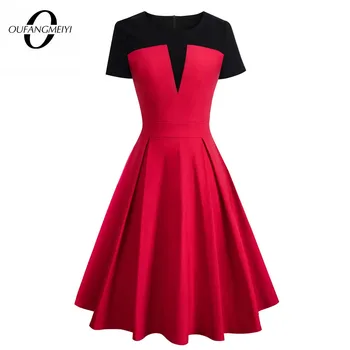 

Summer Women Elegant Short Sleeve Party A-line Dress Retro Patchwork Flare Swing Dress EA088