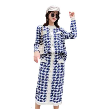 

Plaid Two Piece Set For Women O Neck Long Sleeve Sweater High Waist Skirts Slim Female Suit 2019 Autumn Fashion New