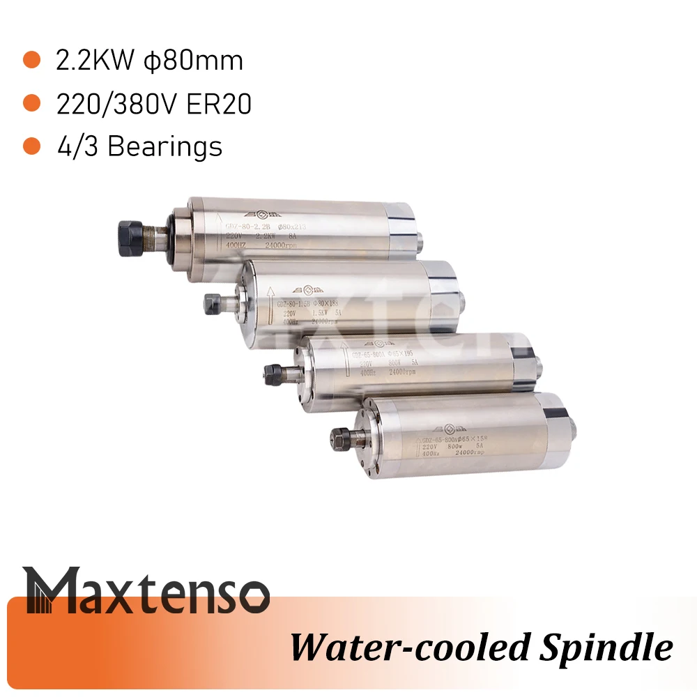 MAXTENSO 2.2KW Water Cooling Spindle motor 80MM 220V 380V ER20 24000RPM with 4/3 bearings for Milling Machine GDZ80-2.2B