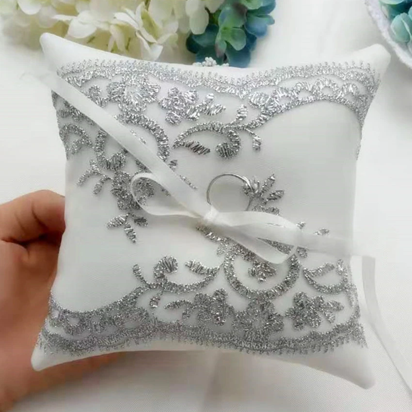 Almohada de de boda de calidad, cojín plateado para portar anillos de novia, decoración para niñas, blanco, 16cm x 16cm, 100%|Decoraciones DIY fiestas| - AliExpress