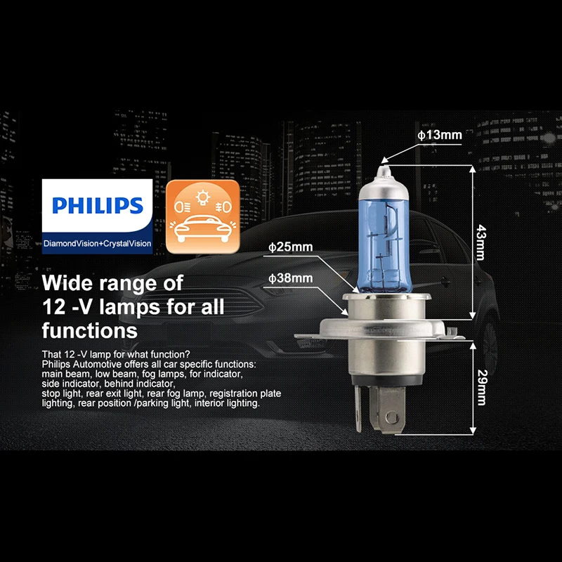 Philips H4 галогенная лампа 55 Вт 12 В Crystal Vision 4300 K, яркий белый светильник, аксессуары для дальнего и ближнего света, автомобильная лампа, мотоциклетный головной светильник, 2 шт
