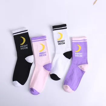 

4Colors Cotton Long Crew Socks Sports Casual Style Breathable Moon Letter Elastic Stripe-trim 1Pairs for Women Men Socks