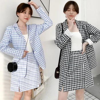 

Vintage Loose 2019 Fashion 2 Pcs Set Brief Casual A-line Two Piece Set Korean High Waist Plaid Terno Feminino 9pu
