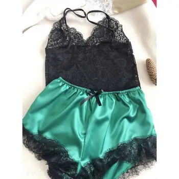 

Womens Sexy Eyelash Floral Lace Lingerie Set V-Neck Crop Top Bowknot Faux Silk Wide Leg Shorts Contrast Color Pajamas Sleepwear
