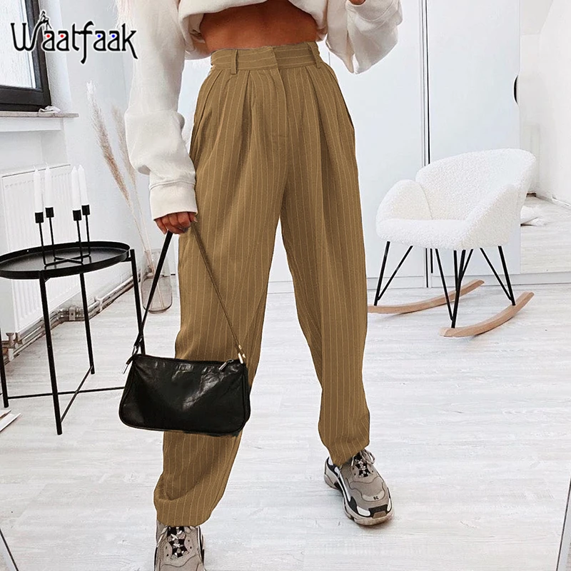 Waatfaak Striped Printed Casual Trousers Women High Waist Harem Pants Khaki Loose Capri Pants Suit OL Pockets Cotton Leisure Waatfaak Striped Printed Casual Trousers Women High Waist Harem Pants Khaki Loose Capri Pants Suit OL Pockets Cotton Leisure