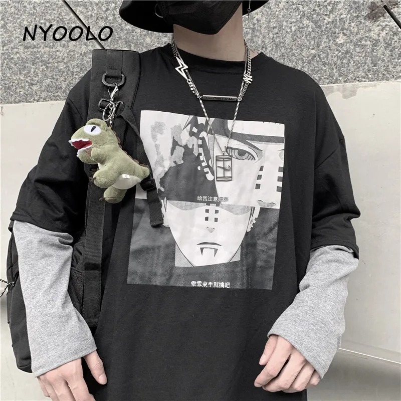NYOOLO Harajuku Винтаж Аниме Наруто печати поддельные 2 шт. Лоскутная футболка осень уличная одежда с длинным рукавом Футболка для женщин и мужчин Топ