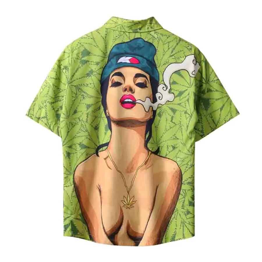 Short Sleeve Shirt Men Button Summer Patterned Korean Oversized Printed Shirts Men Weed Leaf Hip Hop Clothing For Big Men 6003
