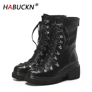 

HABUCKN New Fashion High quality women Punk Style Retro Cool rivet lace up ankle boots for woman Motorcycle Boot Girls black