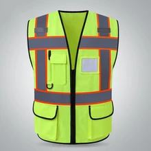 Multi Pockets High Visibility Zipper Front Safety Vest With Reflective Strips, Premium