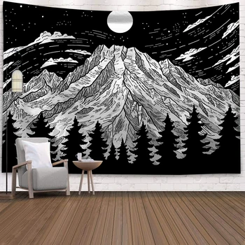 

Mountain Moon Tapestry Wall Hanging Black White Psychedelic Boho Decor Wall Cloth Tapestry Hippie Forest Carpet Wall Tapestry