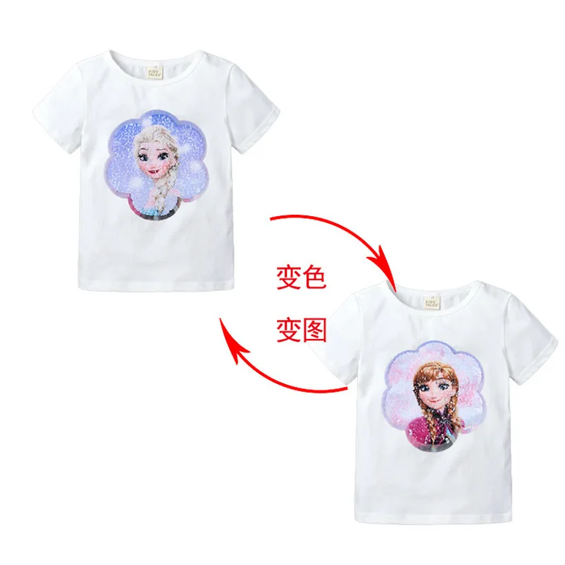 Летняя модная одежда для девочек изменить Цвет блестки Dis Цвет образования с Эльзой и Анной из мультфильма хлопковые детские футболки для детей, футболка для девочек, топы - Цвет: 3