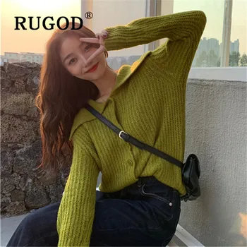 

RUGOD Korean New Style Chic Middy Collar Solid Color Knitted Cardigan Long-sleeve Loose Sweater Winter Tops For Women Fashion