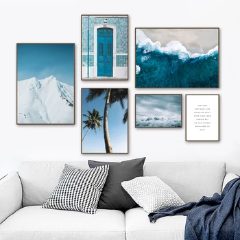 

Nordic Modern Landscape Art Wall Poster Canvas Painting Beach House Waves and Coconut Tree Mural Home Decor Living Room Pictures
