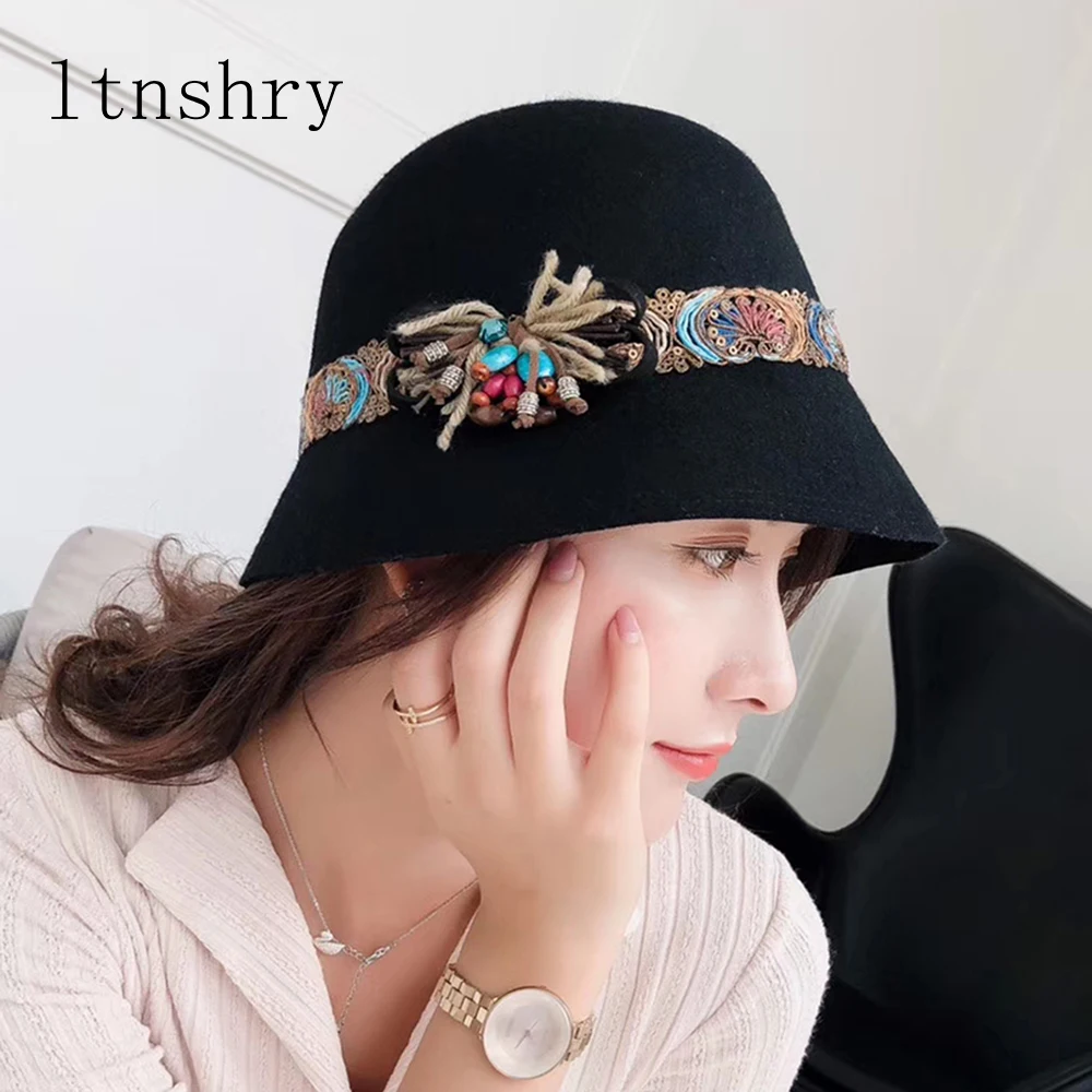

2019 New Autumn Winter Female Fedoras 100% Authentic Wool Felt Hats Elegant Bucket Ethnic Style Belt Floral Women Fedora hat