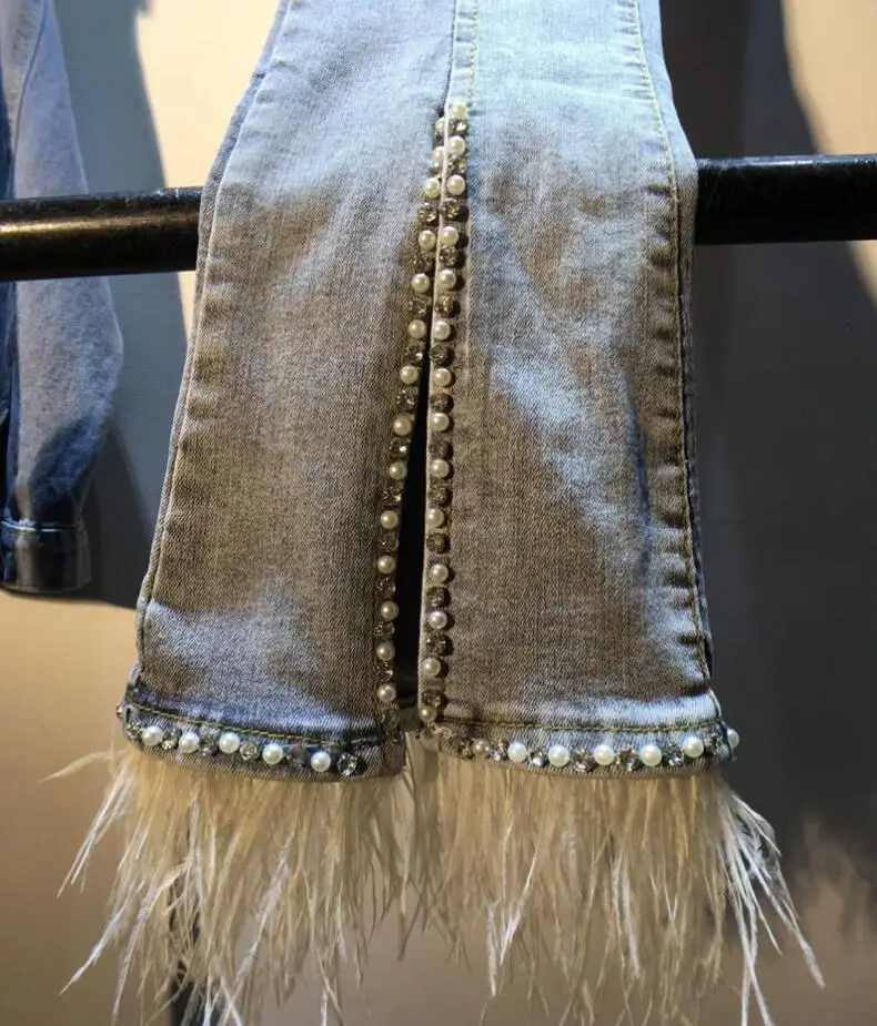 European Autumn New Heavy Diamond Beads High Waist Skinny Denim Pants Feather Stitching Flare Jeans Trousers r1886