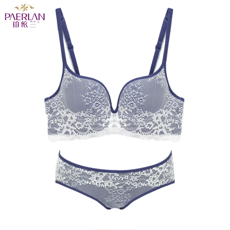 Navy blue PAERLAN популярный комплект с бюстгальтером в стиле ретро, 7 цветов, модный брендовый кружевной бюстгальтер, сексуальное глубокое нижнее белье с v-образным вырезом, новые трусики с низкой талией - Цвет: Navy blue