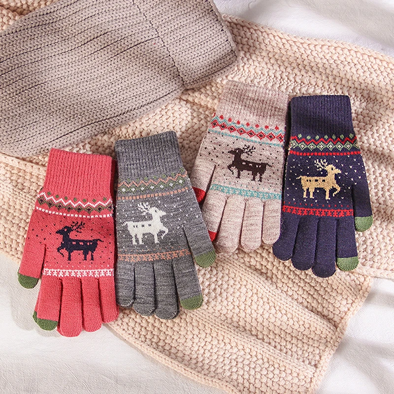 Winter Warm Full Finger Mittens Snow Elk Xmas Gift Vintage Christmas Deer Knitted Gloves Women Thicken Touch Screen Gloves