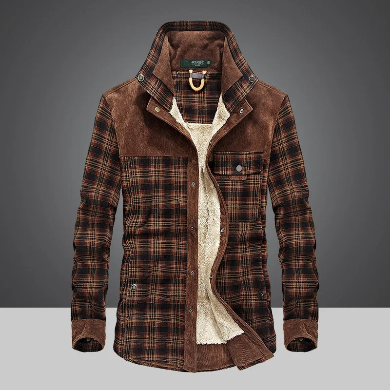 men's plus velvet thick long-sleeved plaid shirt men's cotton warm business casual shirt men's fashion stitching plaid shirt