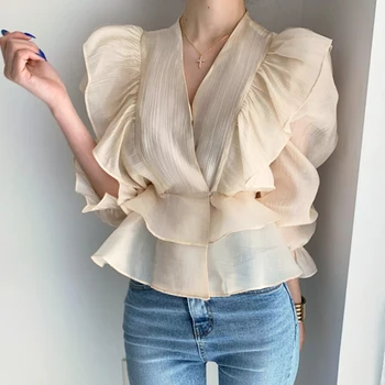 

Paris Girl Korean Chic Retro V-neck Stitching Ruffled Chiffon Shirt Design Sense Waist Slimming Bubble Sleeve Shirt