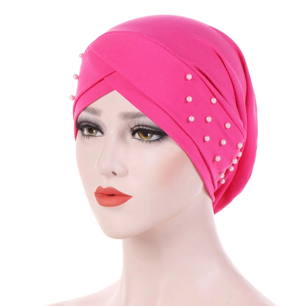 Женские мусульманские шляпы западный стиль шарик шапочка для химиотерапии для рака головы обертывание мода стрейч Твердые бини случайные лоб крест - Цвет: Rose Red