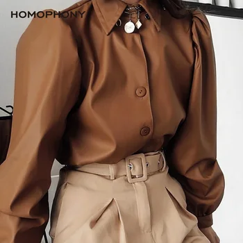 

Homophony Women Tops Street Style Lantern Sleeve PU Women Blouse Turn-down Collar Long Sleeve Spring and Autumn Casual Tops