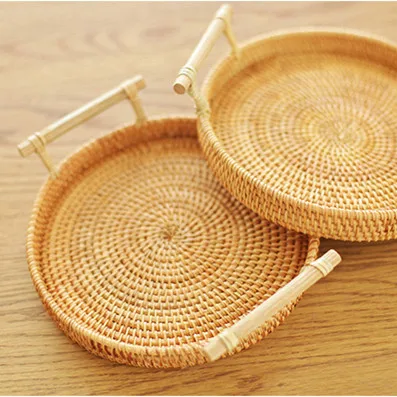 Круглая корзина из ротанга ручной работы, корзина для хранения закусок, пасторальная плетеная коробка, бытовая настольная фруктовая чаша, послеобеденный чай с ручкой