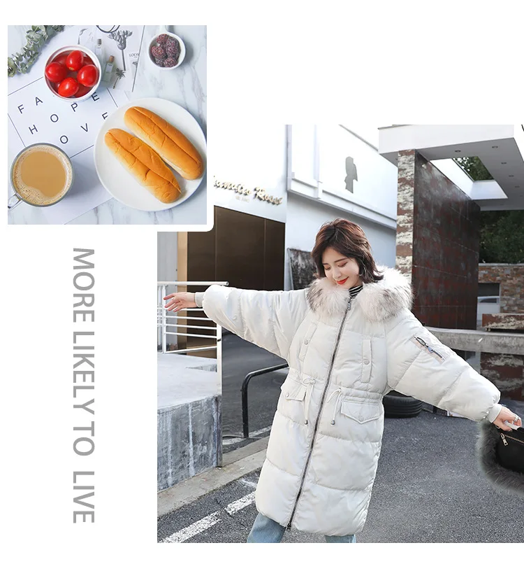 Стиль, средней длины, корейский стиль, Dongdaemun, толстый, большой, меховой воротник, талия, обнимает, выше колена, на шнурке, вниз, перо, Котт