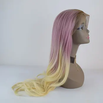

BM Three Color Synthetic Hair 13*3 Lace Front Wig Brown Roots Ombre Purple To Blonde Natural Wave Heat Resistant Fiber For Women
