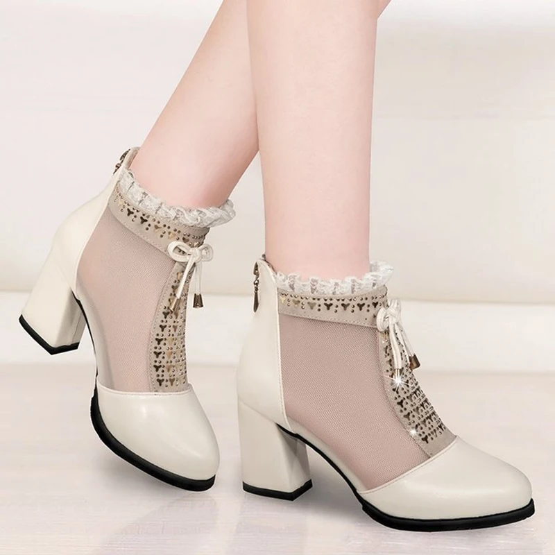 High Heels Women's Block Sandals Ankle Boots Summer Peep Toe Mesh Woman Shoes Chunky Heel Mouth Fashion | Обувь