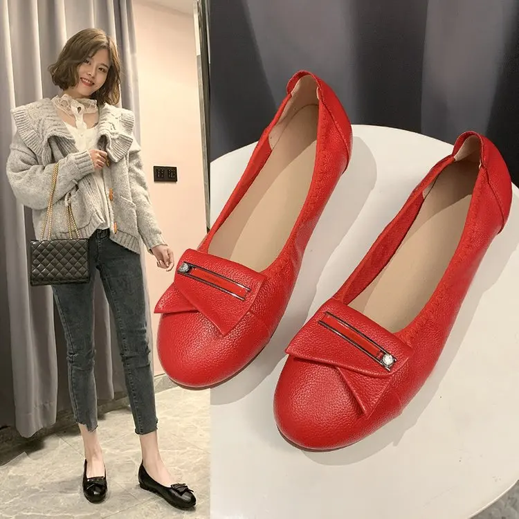 

2020 Spring New Style Low-Cut WOMEN'S Shoes Flat Keel Thin Shoes round-Toe Soft-Sole Comfortable Flat Shoes bai da xiao Leather
