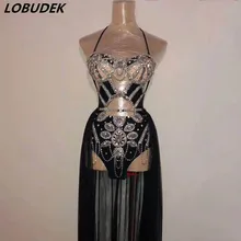 Черный Полный Стразы, сетчатый костюм со шлейфом, комплект из 2 предметов, танцевальный наряд, DJ певица, одежда для бара, ночного клуба, танцевальный костюм