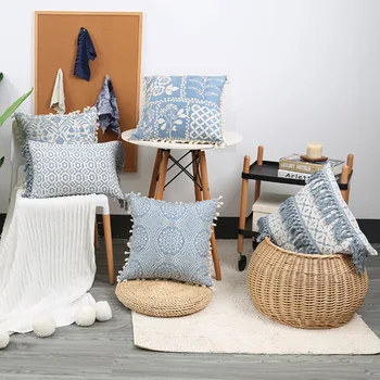 

Vintage Cushion Cover Green Cotton Linen Pillowcase Cover With Tassles for home decoration Living Room Retro 45x45cm/30x50cm
