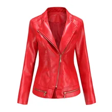 2021 Leather Jacket Women Zippers Spring Autumn Women's PU Leather Jacket Mandarin Collar Red Motor Biker Coat Female Oversized