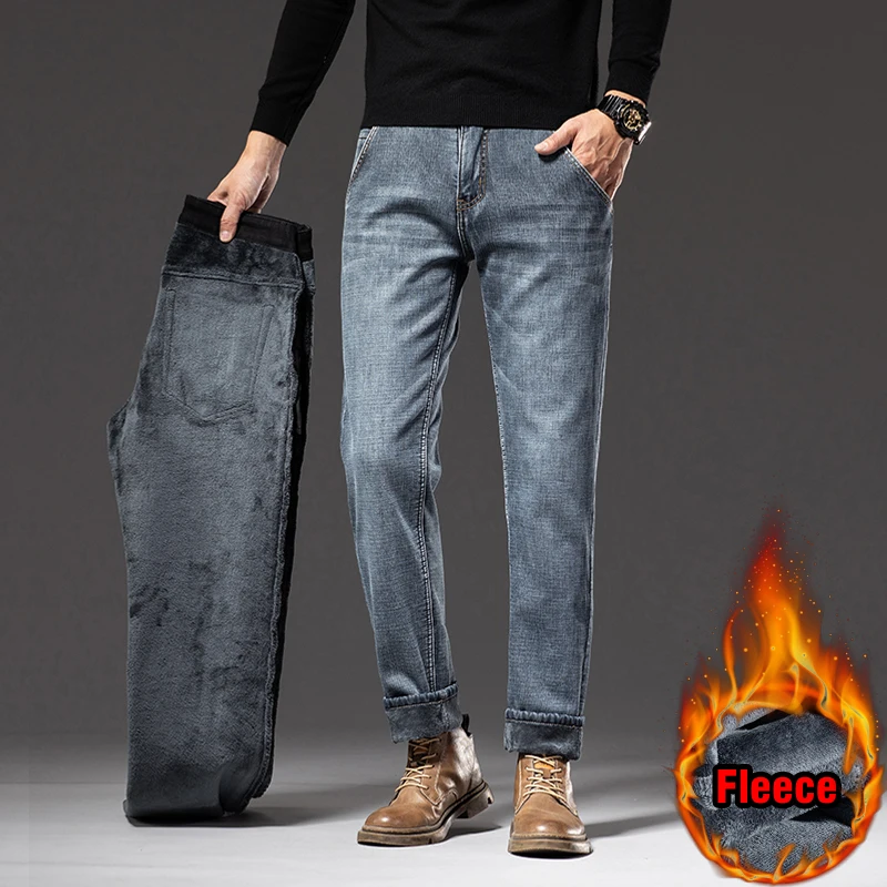 Winter New Men Fleece Warm Jeans Classic Style Business Casual Regular Fit Thicken Stretch Denim Pants