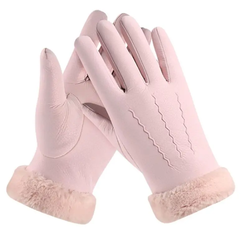 Pink Женские зимние перчатки из искусственной кожи с сенсорным экраном теплые варежки для вождения - Цвет: Pink