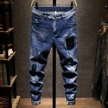 American Street Style Fashion Men Jeans Retro Blue Elastic Slim Ripped Jeans Men Patched Pocket Designer Hip Hop Splash Pants