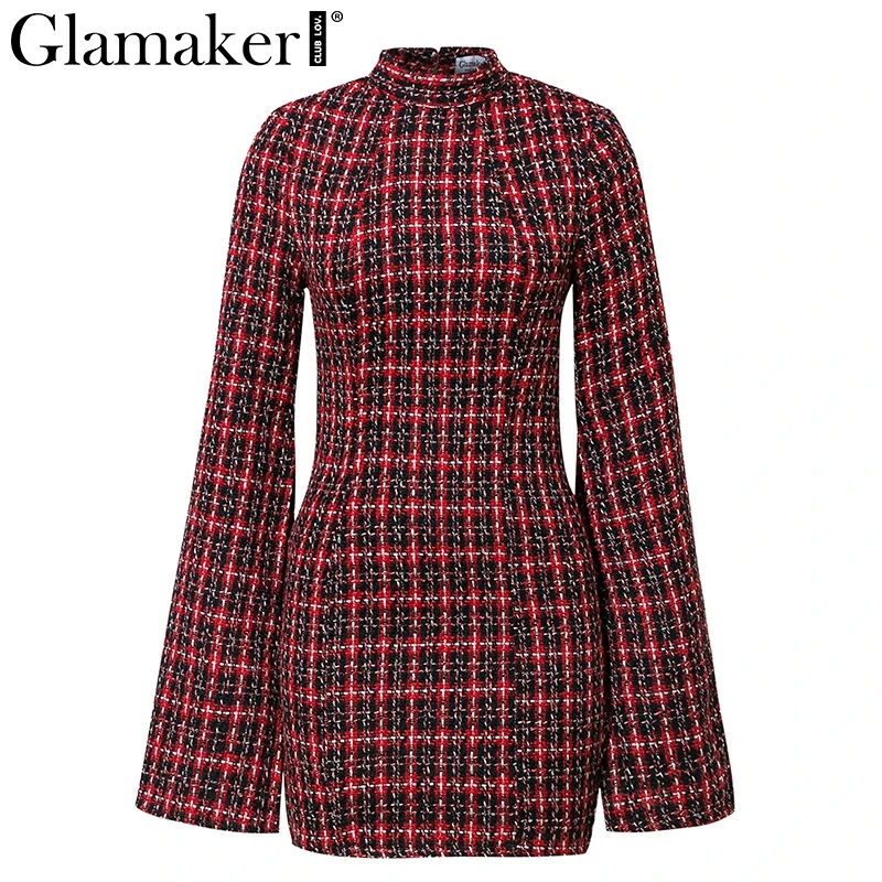 Glamaker, твидовое сексуальное мини-платье с открытой спиной, зимнее, с разрезом, с расклешенными рукавами, облегающее, осеннее платье, для женщин, короткие, вечерние, Клубное, элегантное платье