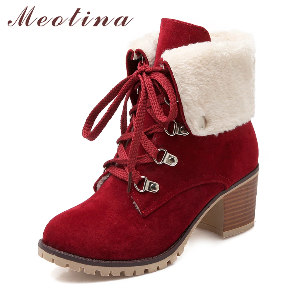 

Meotina Women Shoes Short Boots Plush Thick Heels Ankle Boots Lace Up Platform High Heel Boots Ladies Winter Red Plus Size 34-43