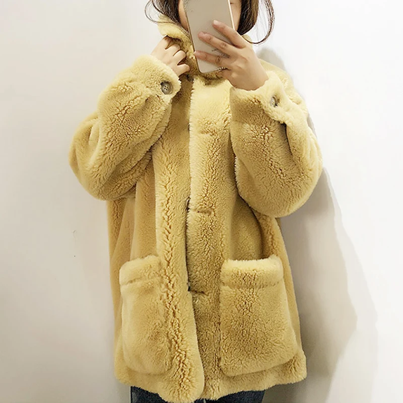 yellow faux fur coat