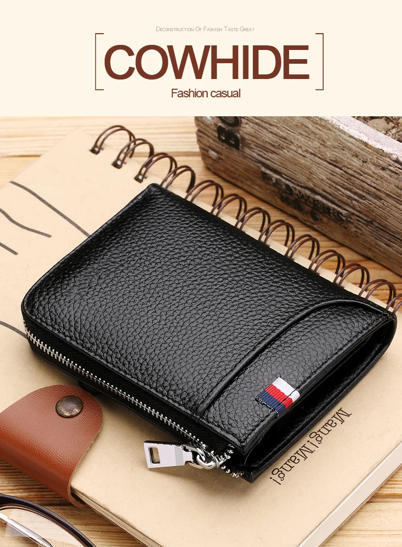 DIDE Black Genuine Leather Wallet Men RFID Credit Card Holder Male Short Coin Purse Wallets Cowhide Zipper Wallet Vintage Casual