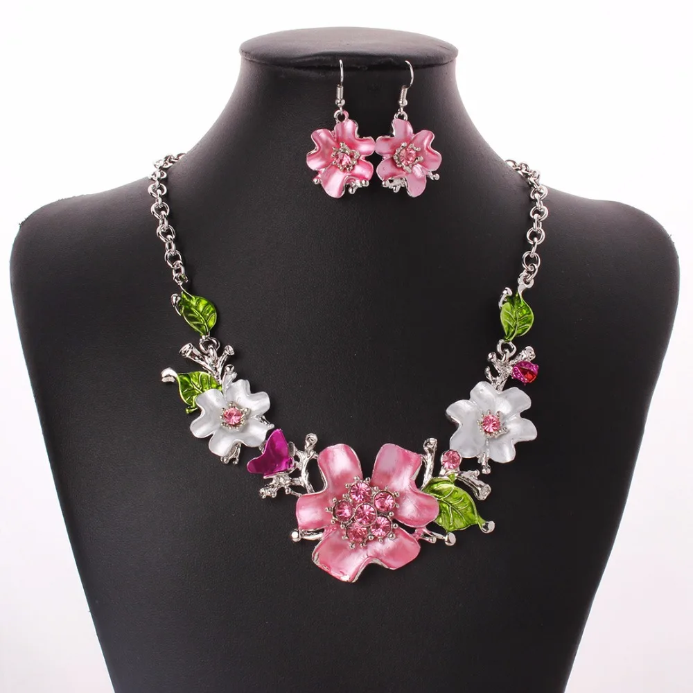 

Big Size Costume Oil Printing Jewelry sets Crystal Enamel Flower Pendant Necklace Earrings French Romantic Party Jewelry